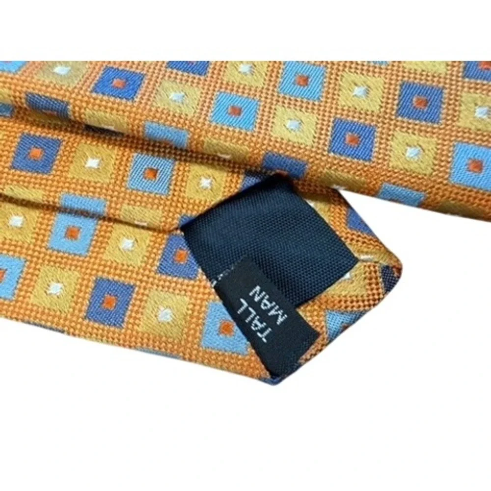 Corporate Image Tom James Mens Silk Tie Orange Blue Geometric Square Extra Long